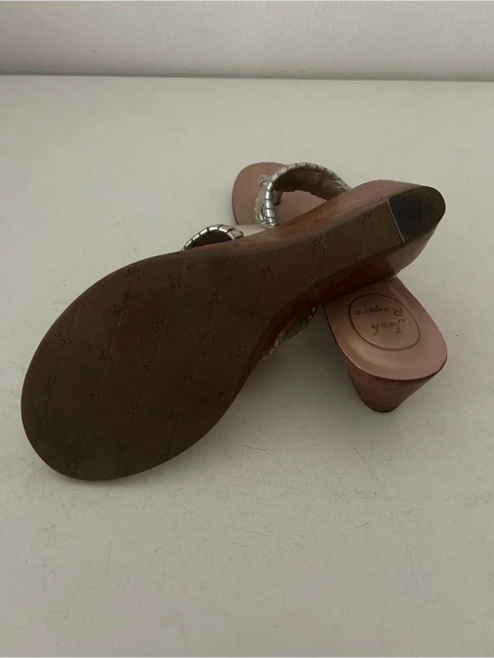 Jack Rogers Champange Leather Wood Wedge Sandals | women's 8 | 2
